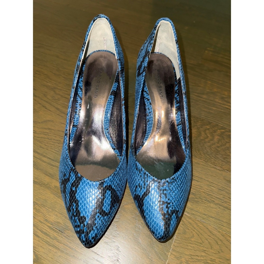 Marco Santi Blue Snakeskin Embossed Pointed Toe Kitten Heel Pumps Shoes Womens